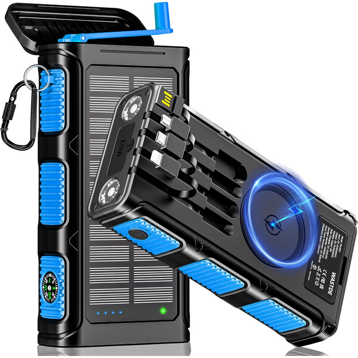 Сонячний Power Bank 26800 mAh з ручкою та 4 кабелями, USB-C, 7 виходів, 4 входи, для телефону, Outdoor, водонепроникний, зовнішній акумулятор для кемпінгу (Синій)