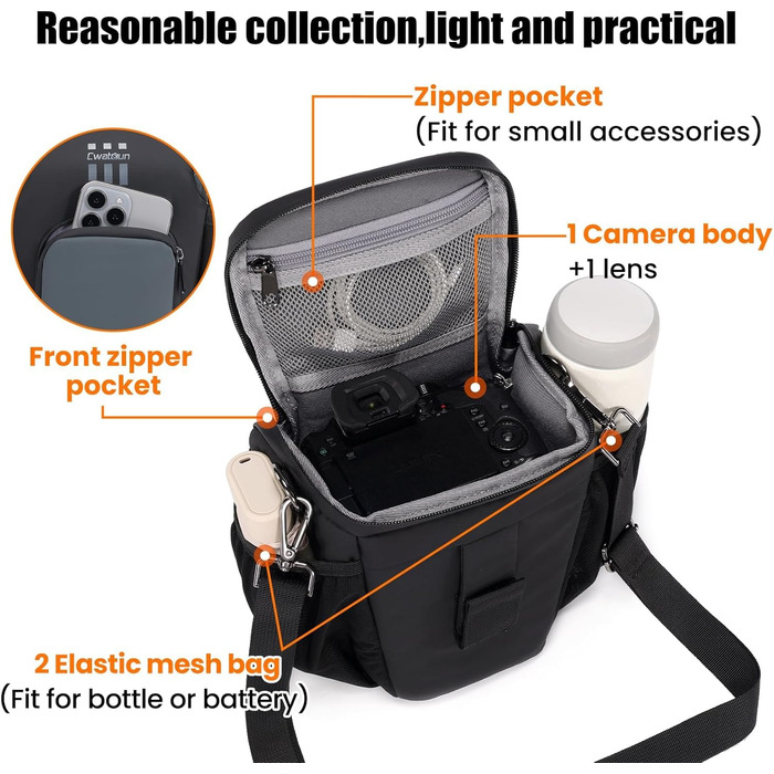 Чорна сумка для цифрової камери Cwatcun: DSLR, Canon, Nikon, Sony, з відділенням для об'єктивів