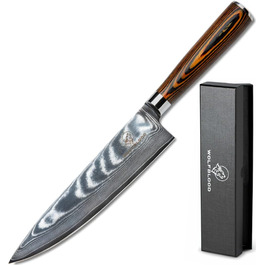 Професійний кухонний ніж Wolfblood XL 32 см із дамаської сталі 67 шарів, дерев'яна ручка, подарункова коробка та чохол для леза