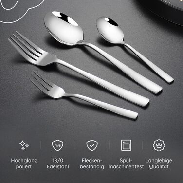Stainless Steel Cutlery Set 12 Persons Essential with Steak Knives (72-Piece) - Dishwasher Safe, Silver Cutlery, Cutlery Set, Dining Cutlery, Cutlery Set 12 Persons - Table Cutlery for Home/Party