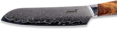 Pasoli Damascus Santoku Knife incl. Blade Protector | 67-Layer VG-10 Damascus Steel | Sharp 13 cm Blade | Elegant Wooden Handle | Ideal Chef's Knife
