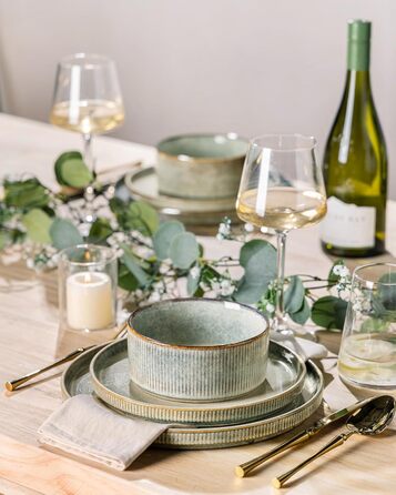 Набір посуду GBhome з реактивної глазурі для 6 осіб (18 предметів), ручна робота, керамічний посуд, безпечний для мікрохвильової печі та посудомийної машини, набір тарілок та мисок, колір Immergrün (Desret Salbei)