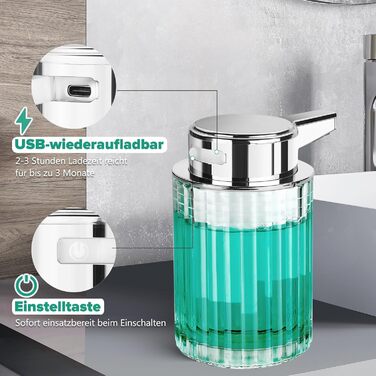 Phneems Automatic Soap Dispenser Glass Electric Soap Dispenser With Sensor 3 Adjustable Levels Soap Dispenser Automatic Dish Soap Dispenser USB Charging IPX5 Waterproof FOR Bathroom Kitchen Gel