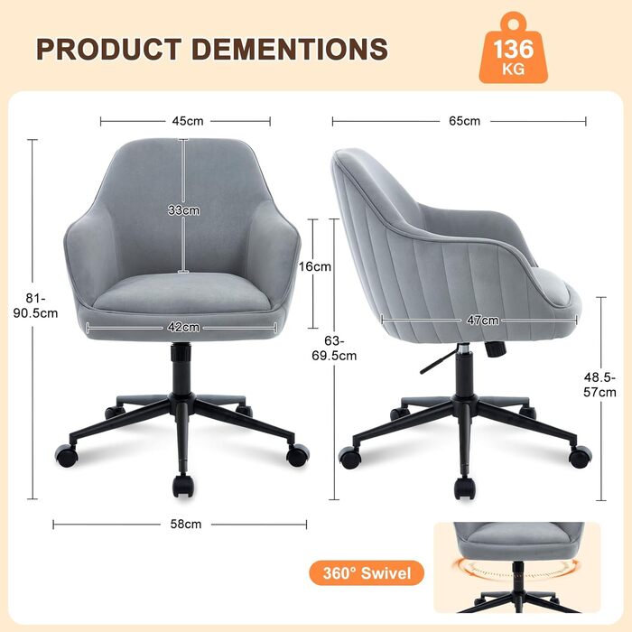 Офісний стілець для дому та офісу до 136 кг, обертовий, оксамитовий, з підлокітниками та колесами, ергономічний, зручний для жінок та дівчат, регульована висота, спальня, домашній офіс (Сірий, Оксамит)