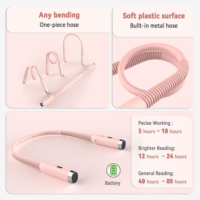 Лампа для рукоділля Diboniur на шию, акумуляторна, 3 кольори світла, 3 рівні яскравості, гнучка, USB для читання, в'язання, кемпінгу (Рожева)