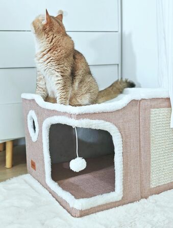 Spindro Cat Cave Cat Bed Large, Cat House Indoor Cat Sleeping Place with Removable Sherpa Cat Cushion and Hanging Toy, Cat Bed, Light Grey 42x42x33cm (2 level (42cmx42cmx33cm), Pink)
