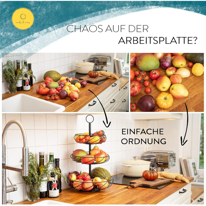 Стійка для фруктів Marks & Rivers 3 яруси XL | Металева фруктова стійка з 3 ярусами чорного кольору для елегантного зберігання у кухні та вітальні