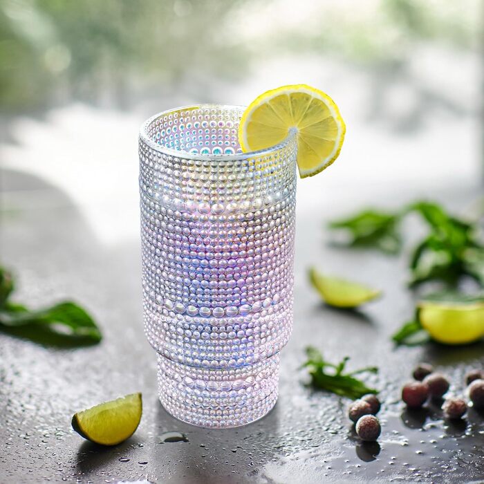 Joeyan 300ml Hobnail Rainbow Water Glasses, Vintage Stackable Colorful Highball Glasses, Pearl Embossed Iridescent Drinking Glasses, Romantic Rainbow Juice Glasses Cocktail Glasses, Set of 4, Dishwasher Safe