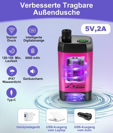 Портативний акумуляторний душ WADEO для кемпінгу з помпою, літієвий 6000 mAh, цифровий дисплей, душова лійка, для подорожей, саду (Ліловий, Type-C)