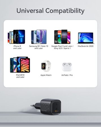 VOLTME зарядний пристрій USB-C 30W 2 шт. GaN, чорний: компактний адаптер живлення для iPhone 14/13, iPad, Android, Samsung, Huawei