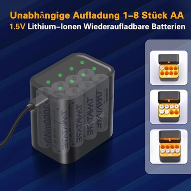 8 x Акумулятори Li-Ion AA з зарядним пристроєм, 1.5V, 2500 mAh, перезаряджувані, білі (чорні)