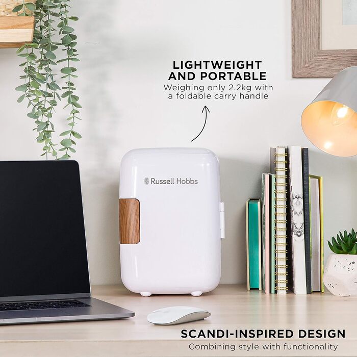 Russell Hobbs Mini Portable Cooler & Warmer - Drink, Beauty & Skincare - AC/DC - Scandi Style White & Wood Effect