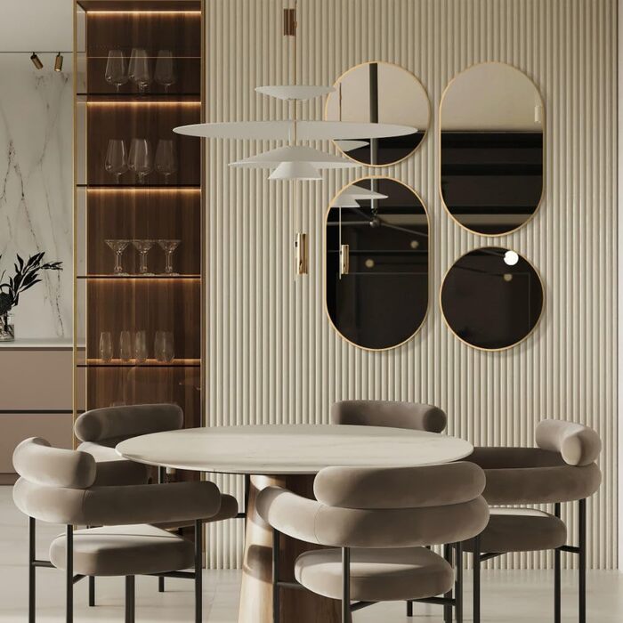 Овальне дзеркало HOKO Design для стін, 50 x 90 см, металевий каркас матового кольору. Можлива вертикальна та горизонтальна установка. Підходить для ванної кімнати, коридору, спальні, вітальні та їдальні. Розмір: 60 x 60 см, колір - золото.