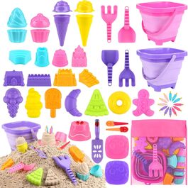 Joyreal 49 Pcs Sand Toy ICE Girl Boy - Sandbox Toys Beach Toys Children's Play Stable with Sand Shovel, Folding Bucket, Sand Molds, Mesh Bag Beach for Kids