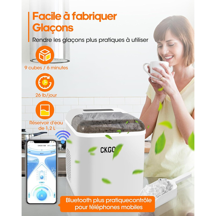 Smart Ice Maker Machine with WiFi Control - 15KG Daily Capacity, Fast Ice Production (9 Cubes in 6 Minutes), Self-Cleaning, 2 Ice Sizes for Kitchen, Office, Bar, Party, RV (White)