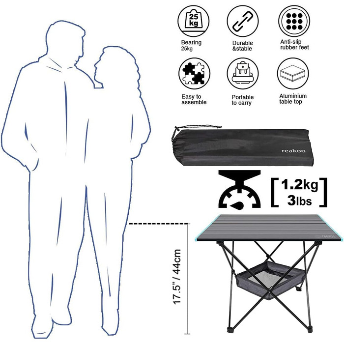 Складаний туристичний стіл Reakoo з алюмінієвою стільницею, легкий та компактний. Ідеальний для кемпінгу, пляжу, пікніків та фестивалів (середній)