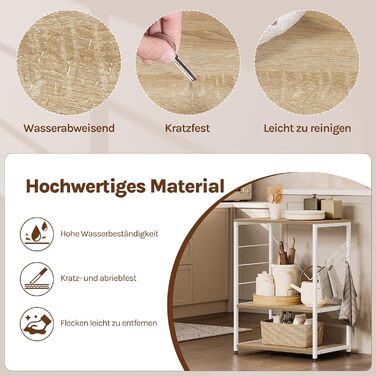 WOLTU Kitchen Shelf, Freestanding Shelf, Microwave Holder, Baker's Rack, Metal Shelf with Wood and Steel, with 3 Shelves, approx. 60 x 40 x 82 cm, White + Light Oak