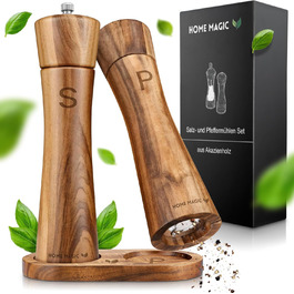 Набір з 2 мельниць для солі та перцю Pfeffermühle Holz з акації з підставкою | Преміум якість, керамічний механізм