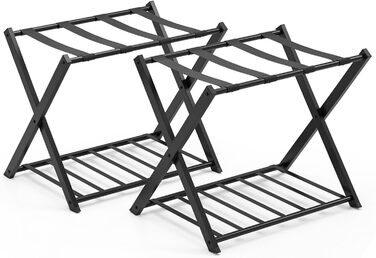 GIANTEX Folding Luggage Rack, 2-Tier, 68 x 43 x 58 cm, Luggage Stand, Metal Luggage Rack, Space-Saving, Luggage Rack for Bedroom, Guest Room, Hotel, Black (2 Pieces, Black)