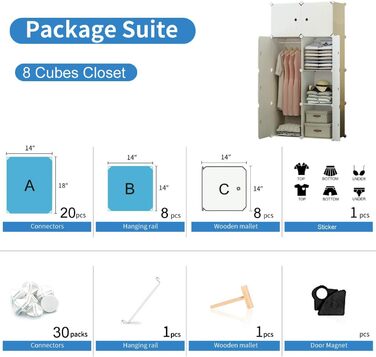BRIAN & DANY 12-Cube Wardrobe, Modular Closet/Wardrobe/Shelving System, Plastic Wardrobe with Doors & 2 Hangers, Additional Stickers Included (8 Cube, White)
