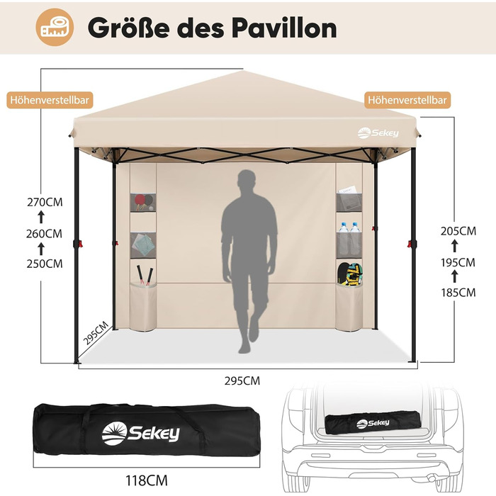 Sekey One-Touch Pop-Up Pavilion 3x3 Waterproof Stable Winter-Proof, Folding Pavilion 3x3m with Thickened Tubes, Party Tent Pavilion Foldable for Camping Festival Party, (Khaki, with Back Wall)