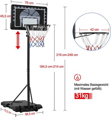 Yaheetech Adjustable Height Basketball Stand with Wheels - Portable Basketball System with Fillable Base - Indoor/Outdoor Basketball Hoop (249cm)