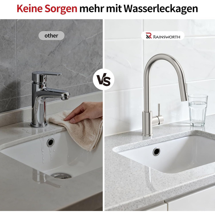 Кран кухонний Rainsworth з висувною лійкою та душем, 360° поворот, нержавіюча сталь, висота 56 см