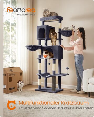 Дім для кота Feandrea, 175 см, XL, багатоярусний, з 2 печерами, 2 лежаками, 5 стовпчиками для дряпання, щіткою для котів, великою платформою, PCT182G01 (XXL, 59 x 48 x 190,7 см, темно-сірий)