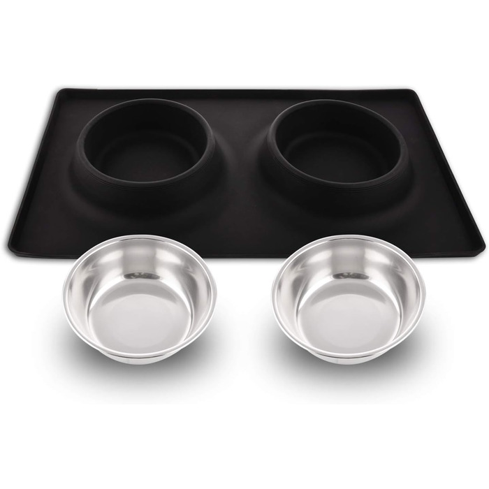 Набори мисок для собак та котів MOACC: 2 шт. по 400 мл, нержавіюча сталь, антиковзаюча підставка, для подорожей, чорний квадрат