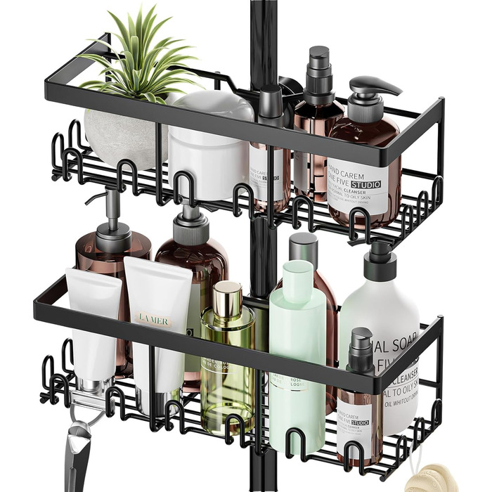 HouseUp Shower Shelf No Drilling, 2 Pack Shower Rod Storage Shelf Stainless Steel for 18mm-25mm Shower Rod, Black Bathroom Organizer Shampoo Holder for Shower
