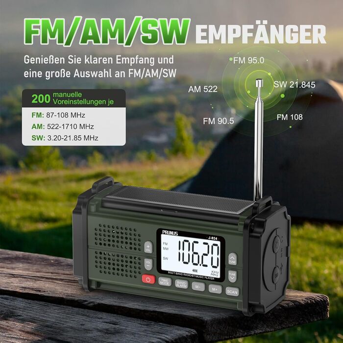 Радіо PRUNUS J-924S AM/FM/SW: Кисневе радіо, радіоприймач для надзвичайних ситуацій з сонячною панеллю, акумулятором 10000mAh, ліхтариком, SOS-сигналом та функцією зарядки телефону. Ідеально для відпочинку на природі, відключень електроенергії та надзвича
