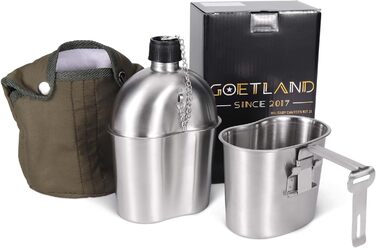Goetland Stainless Steel US Military Field Bottle Set 1.2l with 0.6l Cup Nylon Bag Water Bottle Cooking Pot Camping Cup (1 Liter with 0.5 Liter)