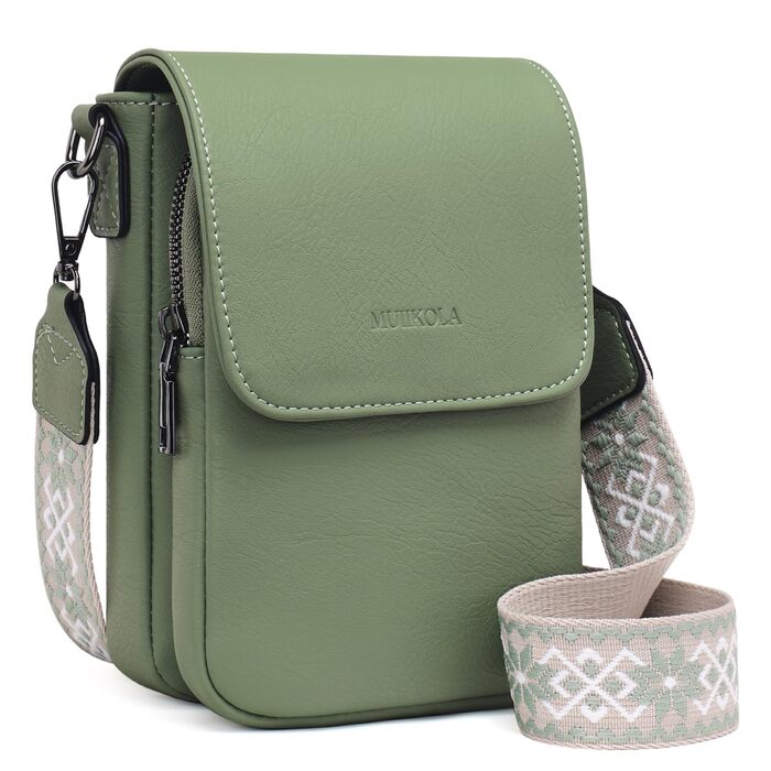 Сумка-органайзер на шию MUIIKOLA з RFID-захистом для телефону, веганська шкіра, зелений світлий. Сумка через плече для жінок з широким ременем та гаманцем.