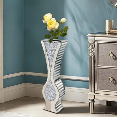 Ваза для квітів велика 68 см, підлогова ваза: срібна ваза з кристалами для пампас трави, скляна ваза з дзеркальним покриттям, декоративна ваза з блискітками для вітальні, декор інтер'єру – не для води (21.5L x 13B x 68.5H cm)