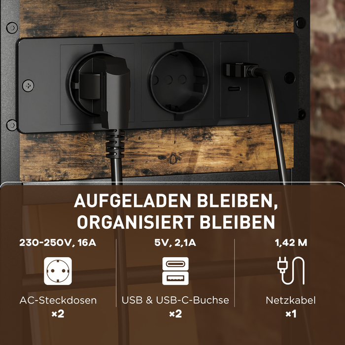 HOMCOM Bedside Table with Power Strip, 2 Tiers, USB Ports, and Storage - Rustic Brown (60 x 29.8 x 58.5 cm)