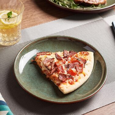 Набір керамічного посуду Pokini на 6 осіб (18 предметів): тарілки та миски з каменевої глини, стійкі до сколів та забруднень, сучасний дизайн, градієнт (коричнево-зелений), для мікрохвильовки та посудомийної машини