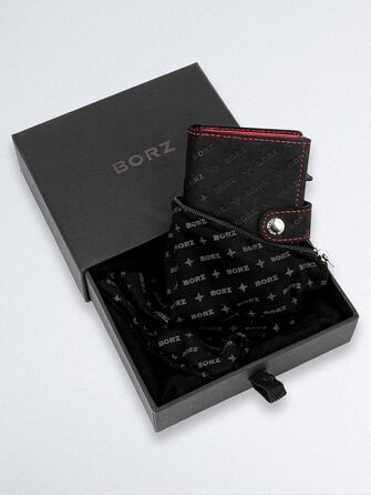 Крутий чохол-картхолдер BORZ Prime для AirTag з відділенням для монет, цифровою візитною карткою, захистом RFID, карбоном та червоною строчкою. Slim, шкіряний, з червоною строчкою.