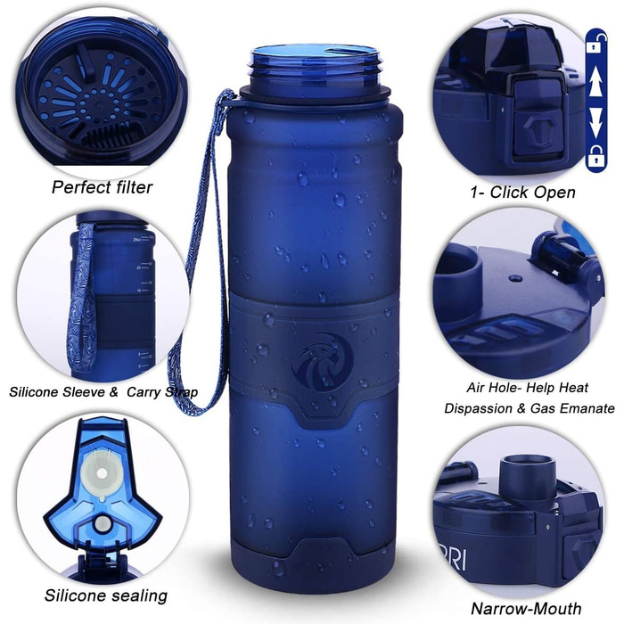 ZORRI Sport Water Bottle for Kids, 500 ml/700 ml/1000 ml, BPA-free, eco-friendly Tritan plastic, reusable water bottles with filter, 1000ml-32oz (Dark Blue, 414 ml)