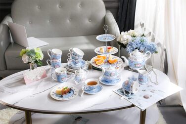 Набір кавових чашок з порцеляни London Boutique, 330 мл, 4 шт, рожево-блакитні, вінтажний стиль, квітковий декор, подарунок