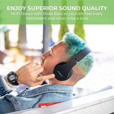 PowerLocus Bluetooth навушники Over-Ear, бездротові, Hi-Fi Stereo, складні, з мікрофоном, з м'якими амбушюрами, Micro SD/TF, FM радіо для iPhone/Android/Tablet/Laptop (Чорний/Зелений)