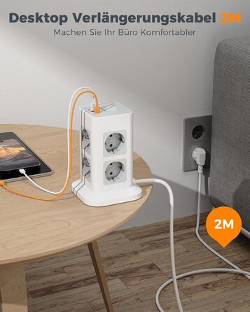 Багаторозкладна мережева панель TESSAN з захистом від перенапруги, 3600W, 16A, 8 розеток, USB-C, 2м кабель, сірий колір