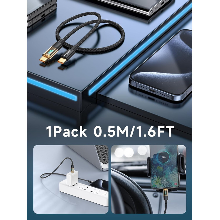 Кабель USB-C RAVIAD: Швидка зарядка PD3.1, нейлон, 0.5м, 240W, чорний. Сумісний з iPhone, Galaxy, Pixel, iPad, MacBookAir