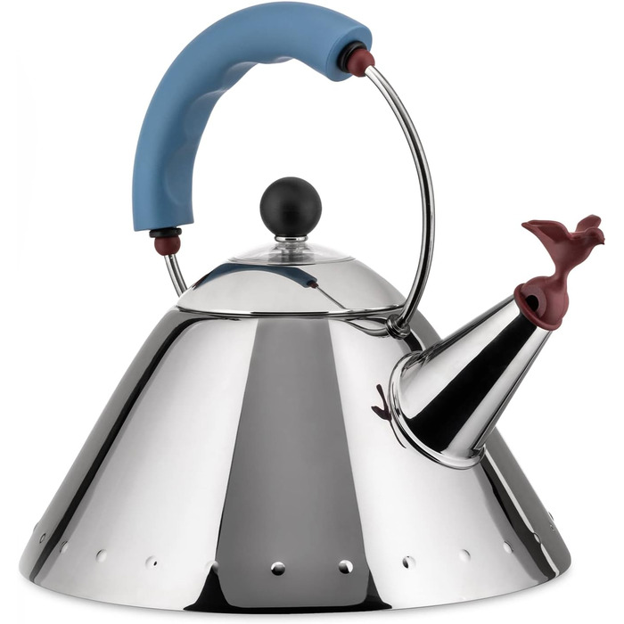 Alessi stainless steel kettle with handle and bird-shaped PA whistle, light blue, 4.4 x 25 x 4.4 cm, Blue Blue Stainless Steel