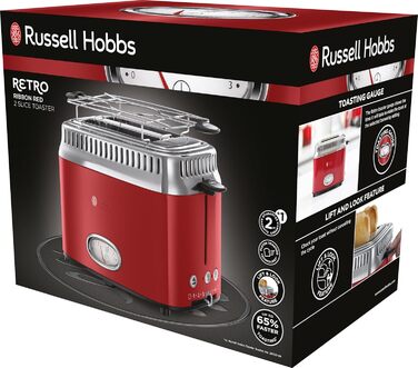 Russell Hobbs Toaster [for 2 slices] Retro Stainless Steel Red (Retro-style countdown display, includes bread roll attachment, 6 browning levels + defrost & reheat function, 1300W) Vintage 21680-56
