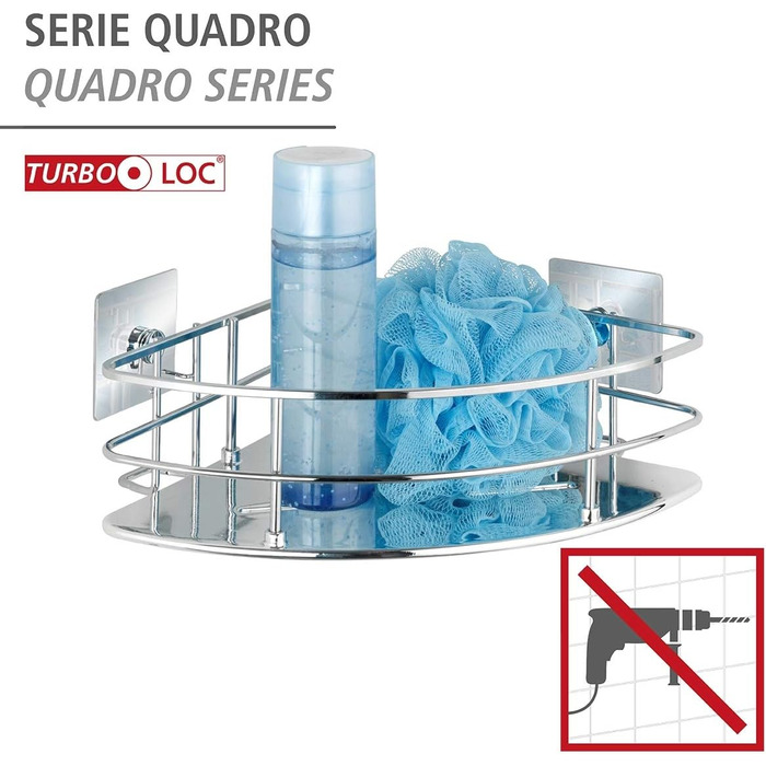 Кутова полиця для душу WENKO Turbo-Loc Quadro з нержавіючої сталі, монтаж без свердління, 27,5x10x19,3 см, хромована