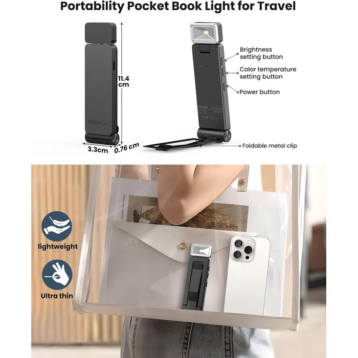 LED кріпильна лампа для читання Tyreses, акумуляторна, USB, 3 кольори, регулювання яскравості, для книг, дітей, зеленого/сірого кольору