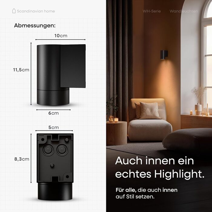 LED-стінна лампа для дому та вулиці, регулювання яскравості, IP65, 230V, 6W, тепле біле світло 3000K, 700lm, комплект 2 шт. (чорний, Wh-серія)