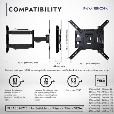 Настінний кріплення для телевізора Invision для екранів 24-60 дюймів, VESA 100x100-400x400 мм, поворотне, нахильне, висувне, для LED, OLED, плоских та вигнутих телевізорів - Макс. навантаження 36.2 кг (HDTV-E)