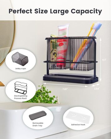 KONE Toothbrush Holder, Wall Mount, Bathroom, Hanging Electric Toothbrush Holder with 2 Removable Compartments, Drainage, Dry and Wet Separation for Bathroom, Kitchen, Family (White) (Black)