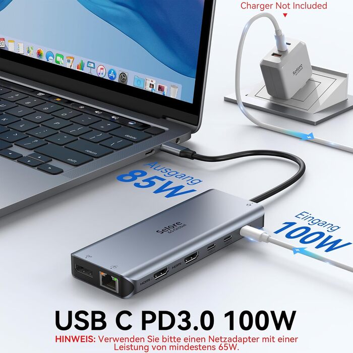 Док-станція USB-C з підтримкою 2 моніторів, 4K HDMI, DisplayPort, USB3.1, RJ45, 100W PD, кардридер, аудіо/мікрофон, для ноутбуків Dell HP (сірий)